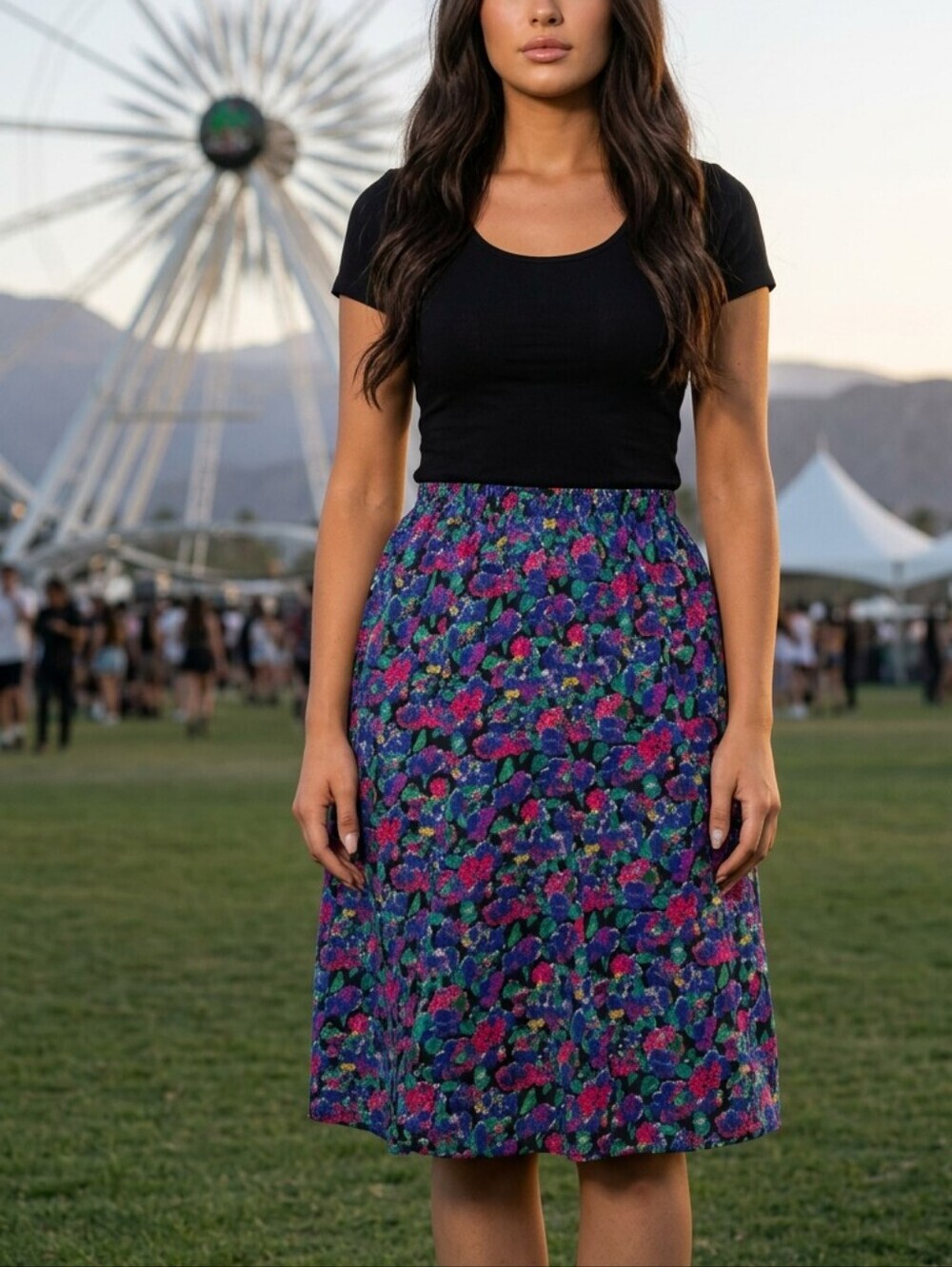 Vintage 90's Sheer A-Line Skirt Size 12 Black Multicolor Floral Flowy Grunge